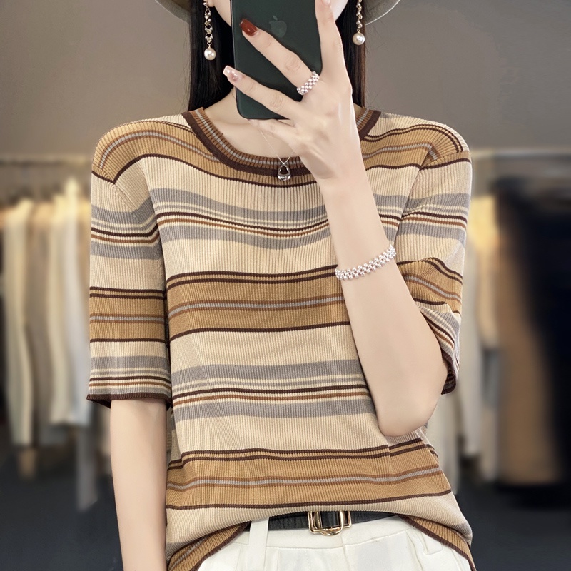 Áo Sweater Dệt Kim Tay Ngắn Cổ Tròn Họa Tiết Kẻ Sọc Thời Trang Mùa Hè 2023 Mới Cho Nữ