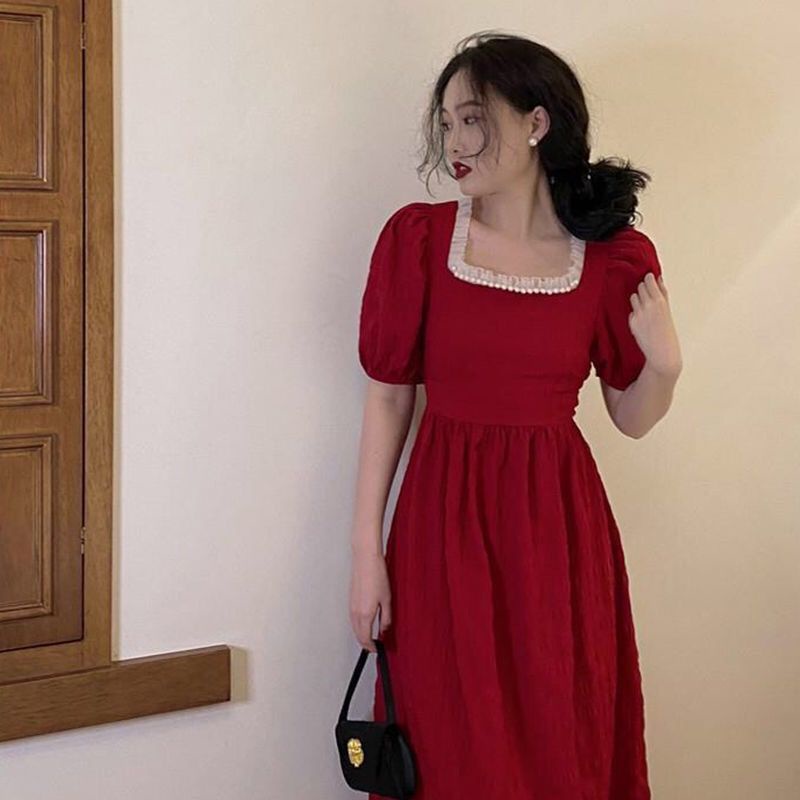 Đầm Midi Tay Ngắn Cổ Vuông Đính Ngọc Trai Phong Cách Pháp Thời Trang Mùa Hè Mới Cho Nữ