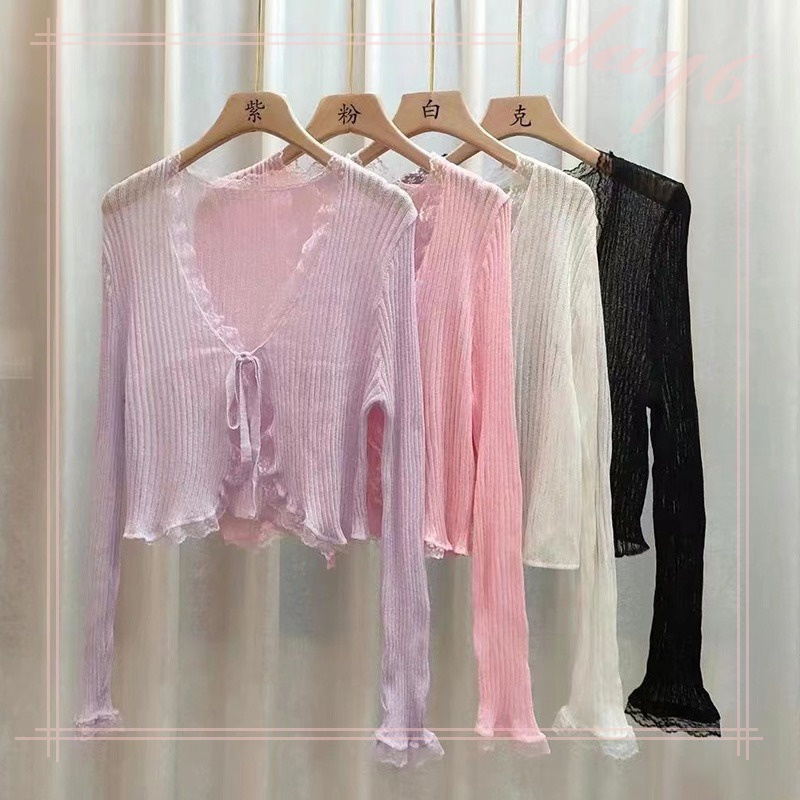 Áo Khoác Cardigan Dệt Kim Dáng Ngắn Tay Dài Cột Dây Phong Cách Hàn Quốc Thời Trang Cho Nữ