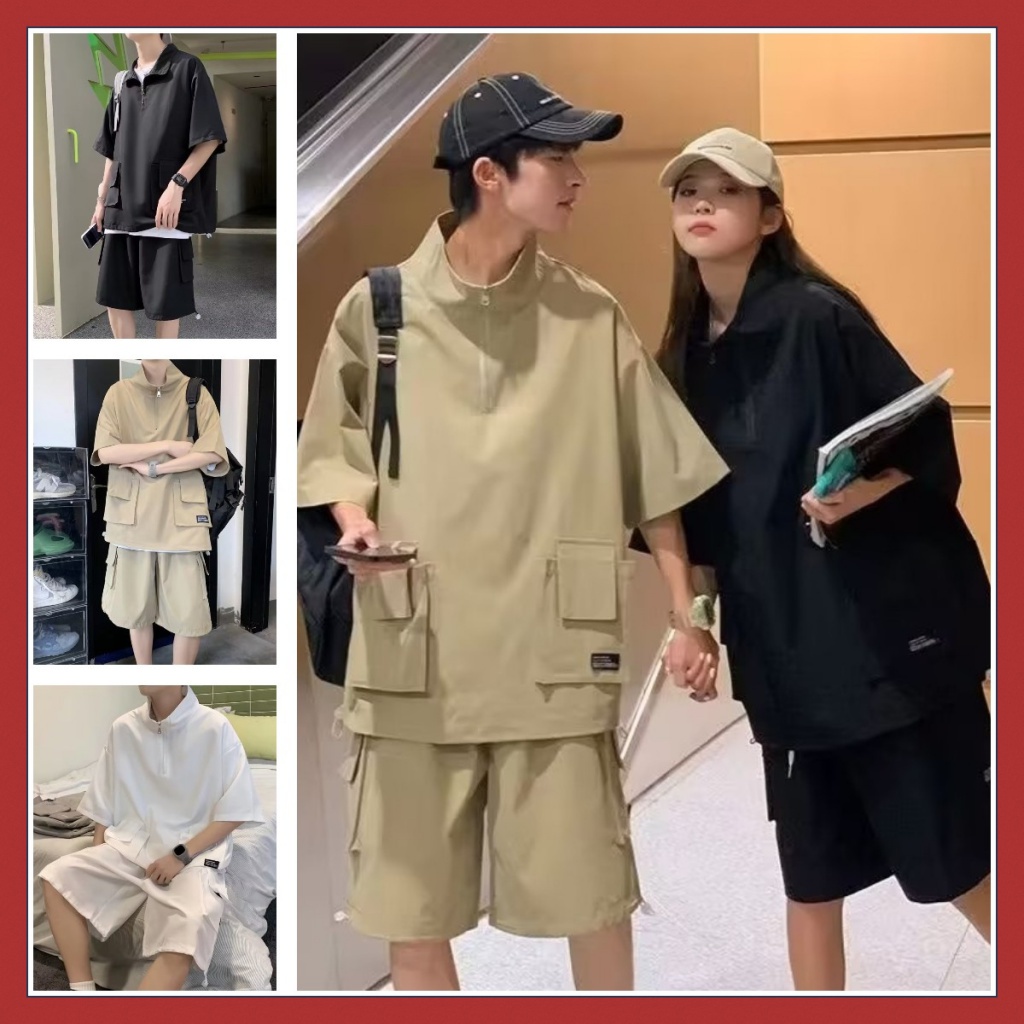 Bộ Áo Vest Ngắn Tay Cổ Đứng Phối Khóa Kéo + Quần Short Thể Thao Năng Động Cho Nam