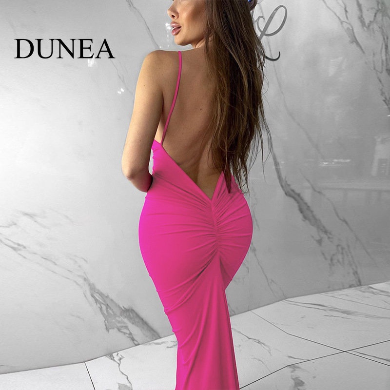 DUNEA Đầm Hai Dây Cổ Chữ V Hở Lưng Xếp Ly Quyến Rũ Thời Trang Cho Nữ