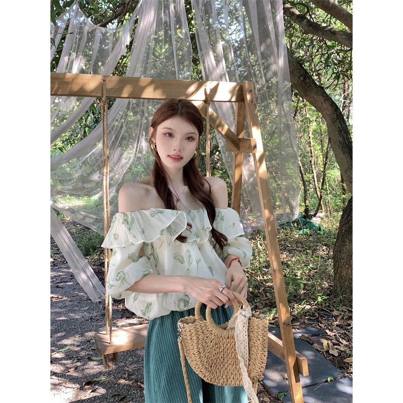 One Áo Kiểu chiffon Tay Ngắn Trễ Vai Phối Bèo Thiết Kế Thanh Lịch Cho Nữ