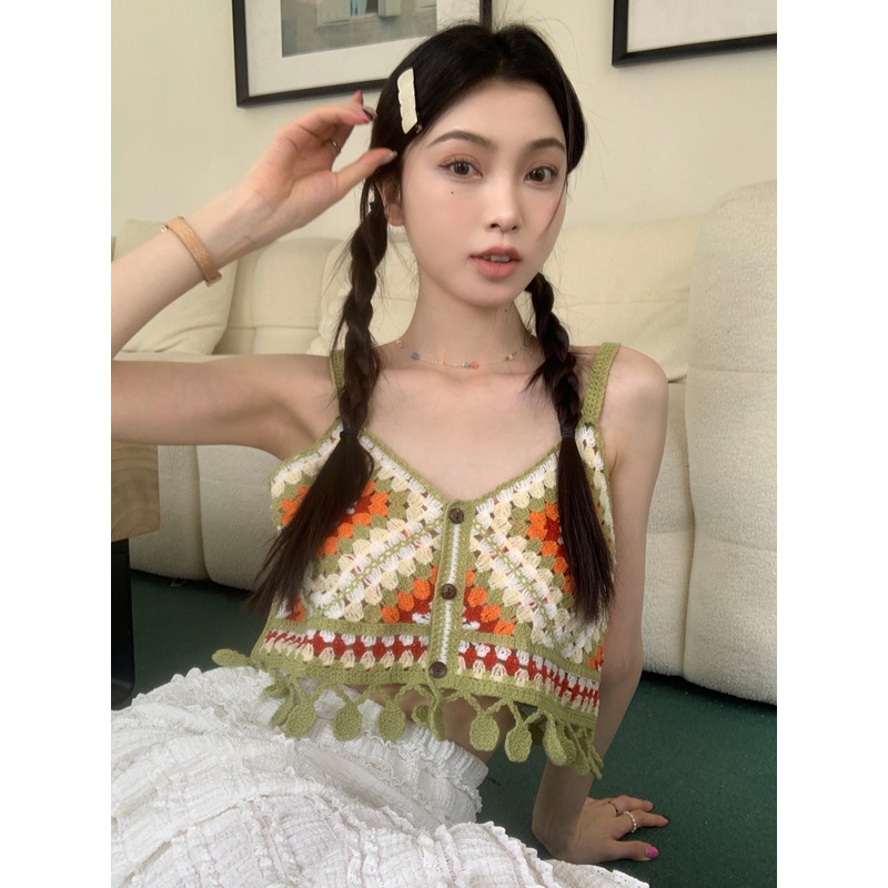 Áo Hai Dây Dệt Kim Cổ Chữ V Thêu Họa Tiết Thời Trang