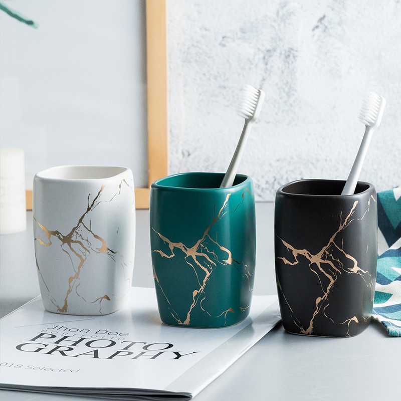 Cốc Đựng Bàn Chải Đánh Răng Bằng Gốm Sứ Vân Đá, Cốc Uống Nước Trà Cafe, Bình Đựng Nước Rửa Tay Dầu Gội Nhà Tắm Bằng Sứ