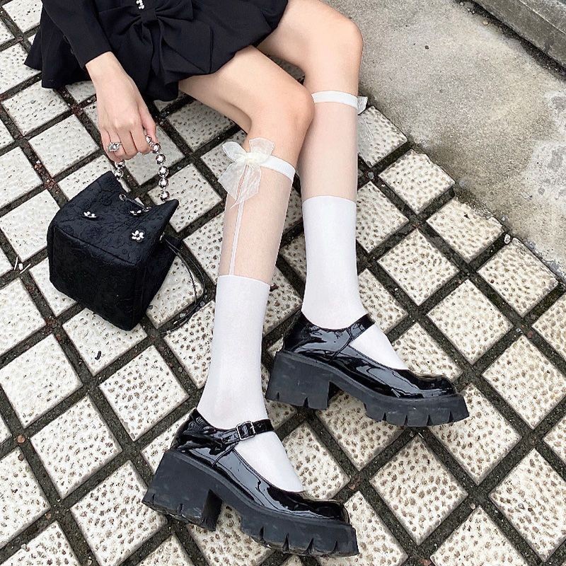 Transparent Spliced Calf Socks Japanese JK Knee Socks Sweet Bow Lolita Mid Tube Socks Children Cute College Girls Slim Socks