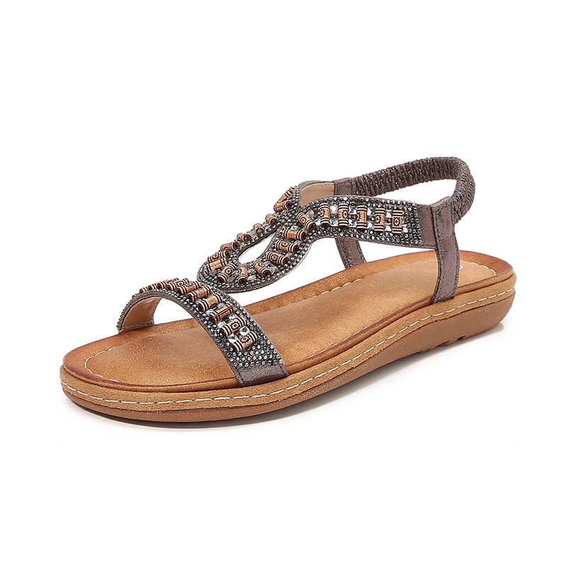 Giày Sandal Đế Bệt Mũi Tròn Đính Đá Phong Cách Thời Trang Bohemian Hàn Quốc Có Size Lớn 41 42 Dành Cho Nữ