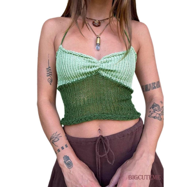 [] - Áo Croptop Dệt Kim Không Tay Ôm Dáng Vừa Vặn Màu Sắc Tương Phản Cho Nữ