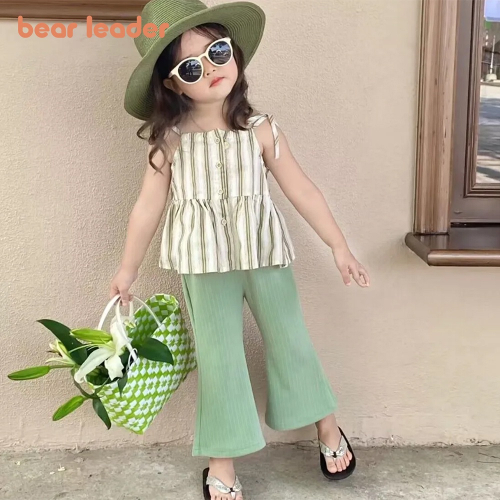BEAR LEADER Bộ Áo Thun Kẻ Sọc Kèm Quần Yếm Ống Rộng Thời Trang Mùa Hè Mới 2023 Cho Bé Gái 2-6 Tuổi