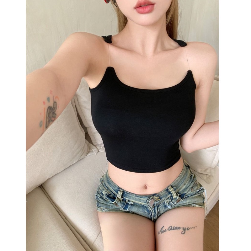 Áo Hai Dây Màu Đen  RENJIANVSHENG Kiểu Dáng Quyến Rũ