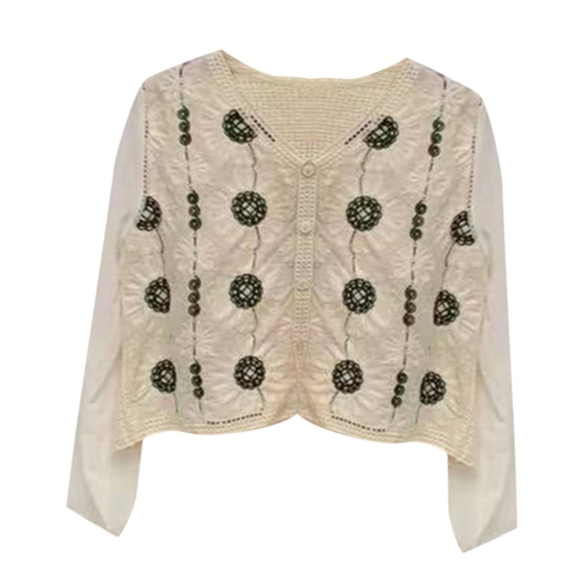 Áo Croptop Dài Tay Phối Ren Họa Tiết Thêu Xinh Xắn Ngọt Ngào