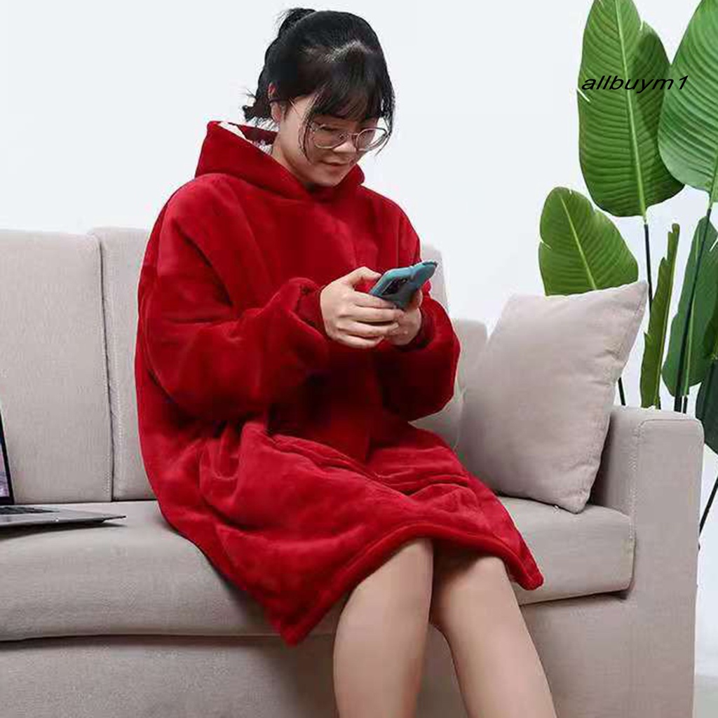 Đầm Ngủ Flannel Tay Dài Có Mũ Trùm Phối Túi Trước Cỡ Lớn Thời Trang Cho Nữ
