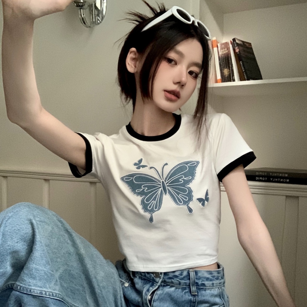 Áo baby tee Thun croptop Tay Ngắn Hở Rốn Dáng Ôm Màu Sắc Tương Phản Thiết Kế Độc Đáo Thời Trang Cho Nữ