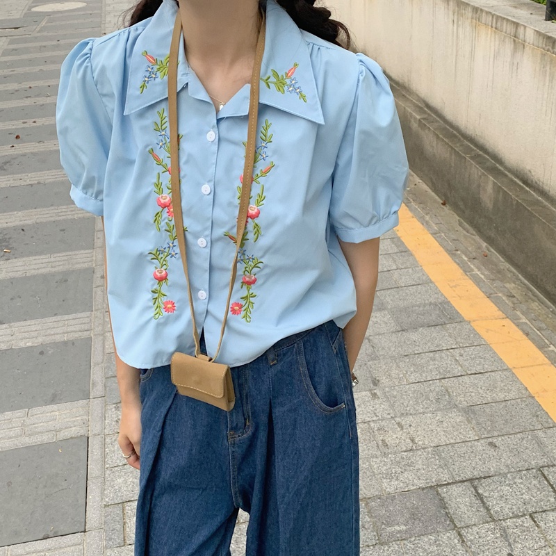 Áo Sơ Mi Mỏng Tay Ngắn Phồng Thêu Họa Tiết Thời Trang Mùa Hè 2023 Mới Cho Nữ