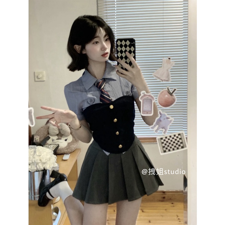 Bộ Áo Ống Ba Lỗ + Chân Váy Xếp Ly Màu Xanh Dương Thời Trang Mùa Hè Cho Nữ B8VT