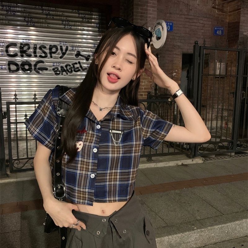 COZOK Áo Sơ Mi Ngắn Tay Dáng Ôm Hoa Văn Kẻ Ô Phong Cách vintage Thời Trang