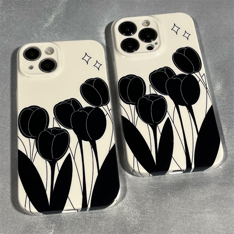 Ốp Điện Thoại Cứng Họa Tiết Hoa Tulip Màu Đen Cho Iphone 11 12I 14 138x