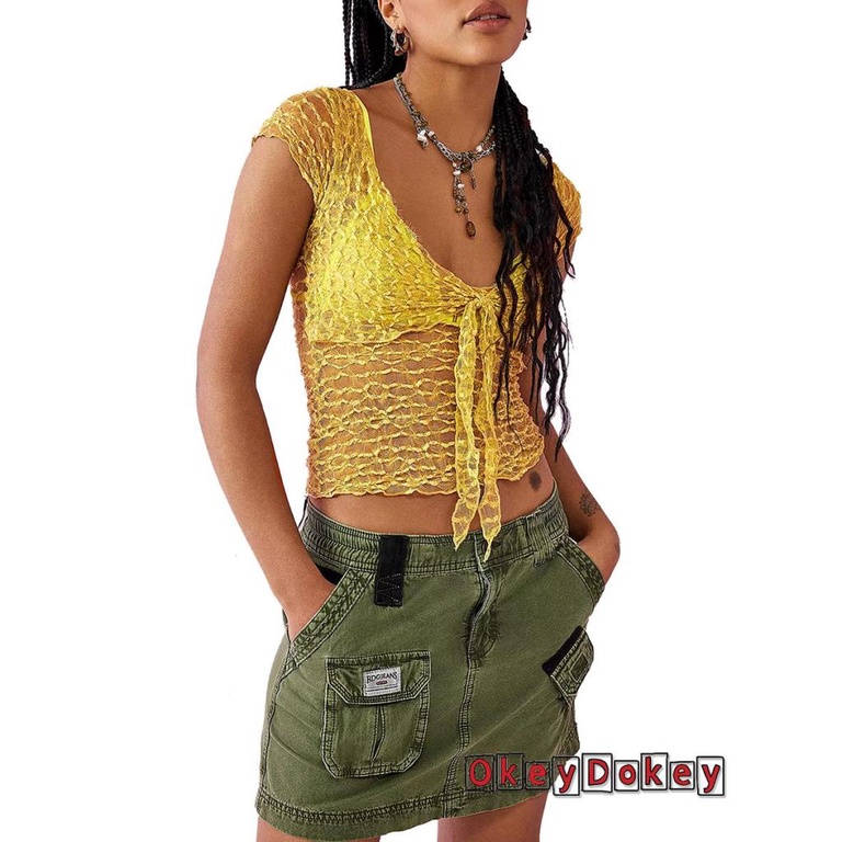 Áo Croptop Tay Ngắn Cổ Chữ U Xuyên Thấu Màu Sắc Đơn Giản Thời Trang Mùa Hè Cho Nữ