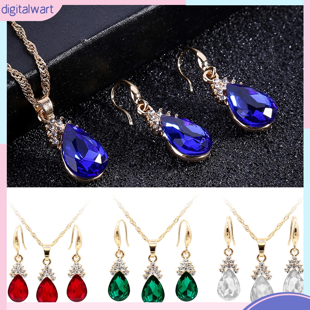 Bộ Vòng cổ + Bông Tai Đính Kim Cương Giả Hình Giọt Nước Cổ Điển Cho Nữ