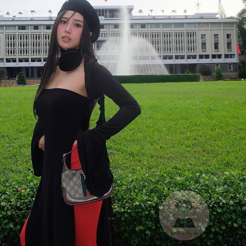 Đầm Ống Xẻ Tà Hai Dây Tay Dài Bolero Shrug &amp; Hoa Hồng Thời Trang Mùa Hè Cho Nữ