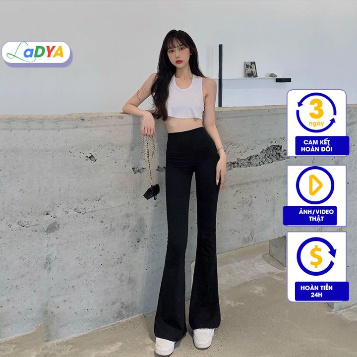 Quần legging nữ Ladya ống loe cạp cao vải thun cotton dày dặn màu đen dáng dài chuẩn form tôn dáng