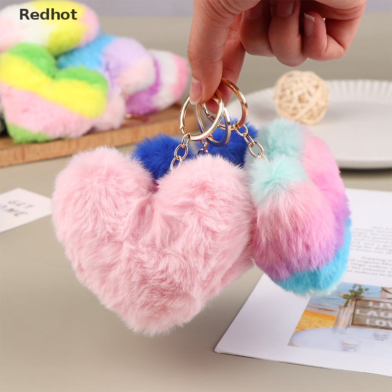 &lt; Redhot &gt; Móc Chìa Khóa Hình Trái Tim Phối Banh Lông Nhiều Màu Trang Trí Túi Xách Nữ