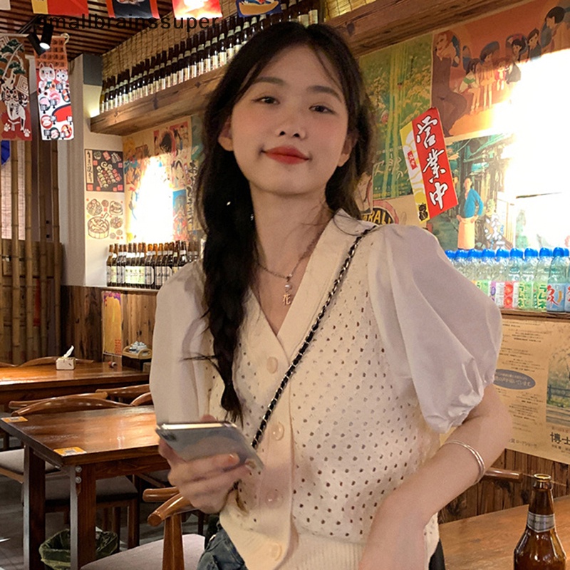 Áo Croptop Dệt Kim Tay Ngắn Phồng Cổ Điển Thời Trang Mùa Hè Cho Nữ SBS