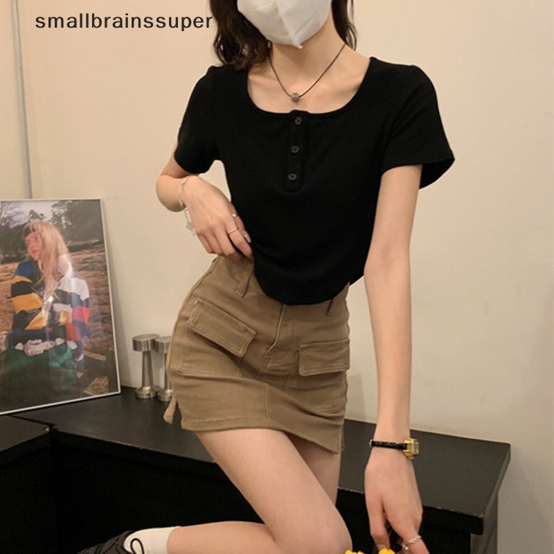 Áo Croptop Tay Ngắn Cổ Vuông Màu Trơn Thời Trang Mùa Hè Xinh Xắn Cho Nữ