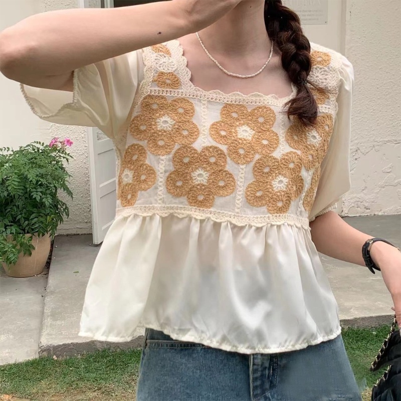 Ivy Áo Sơ Mi Chiffon Dệt Kim Dáng Rộng Chắp Vá Tay Áo Rỗng Dễ Thương Vừa Vặn