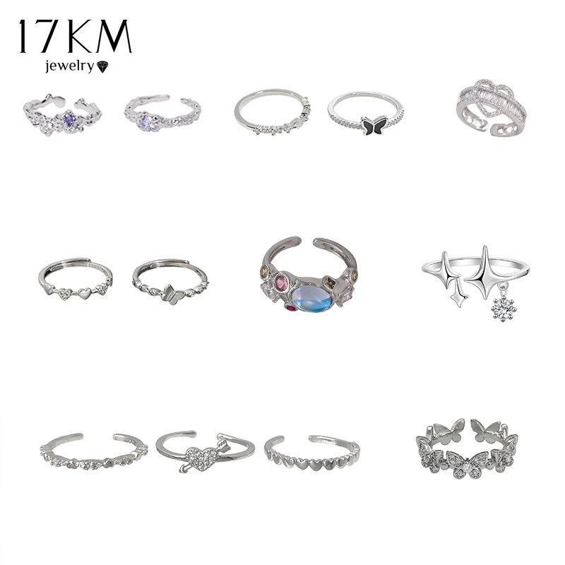 Nhẫn bạc 17KM đính đá zircon có thể điều chỉnh kích cỡ tùy chọn kiểu thời trang