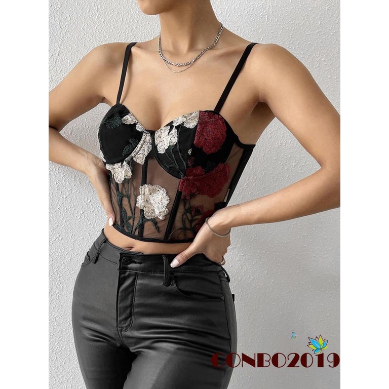 Áo Lưới Hai Dây Thêu Hoa Gợi Cảm Cho Nữ