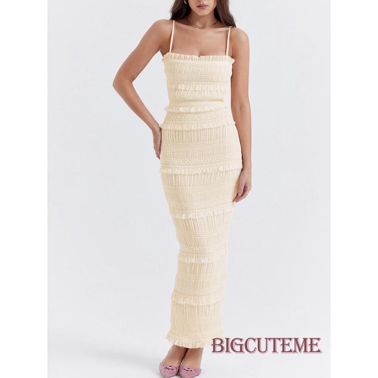 Đầm Dài Hai Dây Nhún Bèo Màu Sắc Trơn Thời Trang Xuân Hè Xinh Xắn Cho Nữ