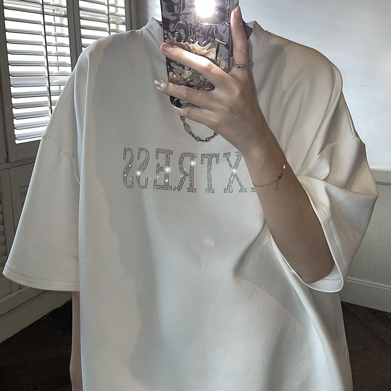 Áo Thun Tay Ngắn Dáng Rộng In Chữ Đính Đá Kiểu Đường Phố Thời Trang Mùa Hè Cho Nam