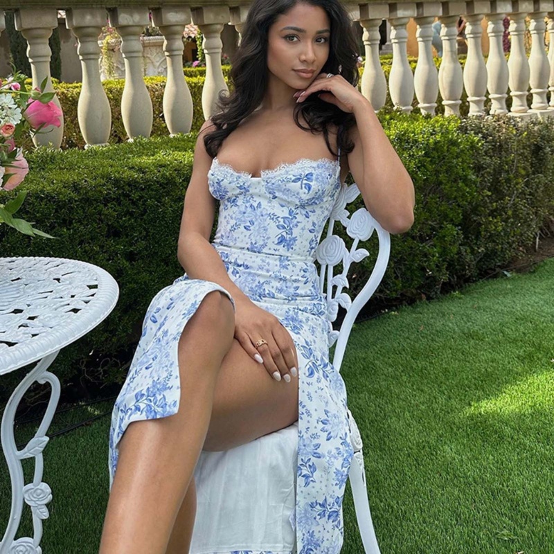 Đầm Dài In Hoa Cổ Tim Dạng Ống Thời Trang Cho Nữ