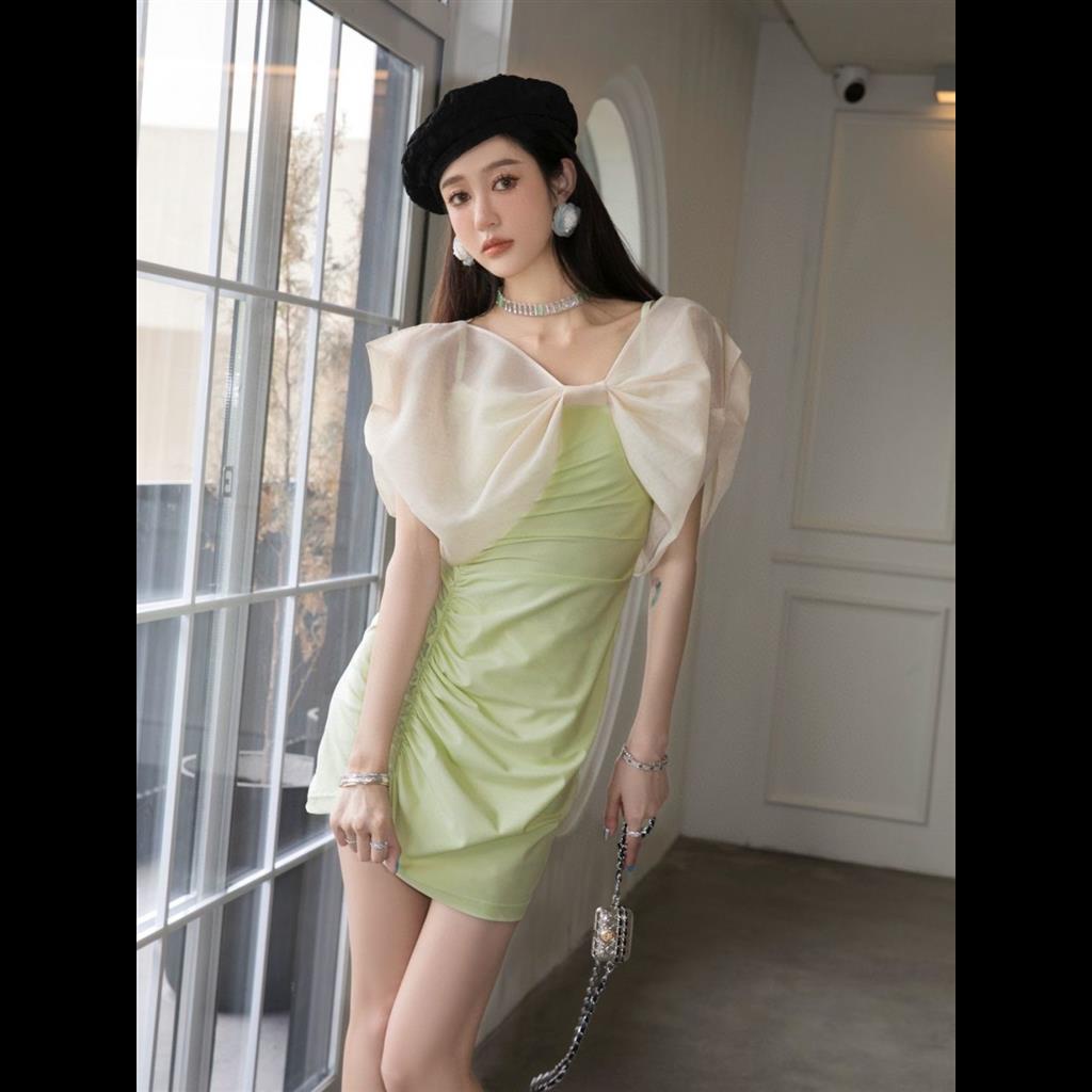 Đầm Eo Cao Ôm Hông Thiết Kế Tối Giản Đính Nơ Phong Cách Pháp Mới Cho Nữ