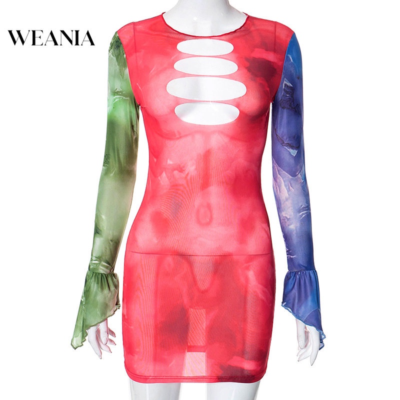 Weania Đầm Ôm Dáng Phối Lưới Khâu Lỗ Màu Sắc Tương Phản Cho Nữ