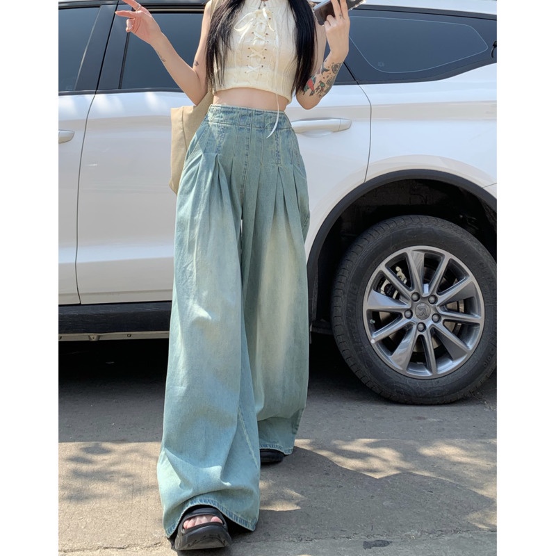 Quần Denim Lưng Cao Ống Rộng Phong Cách Hàn Quốc