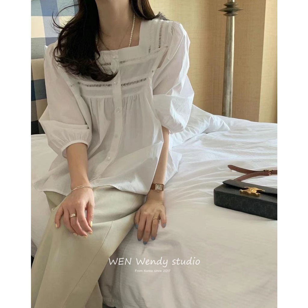 Áo Kiểu Cổ Vuông Tay Ngắn Dáng Rộng Phong Cách Hàn Quốc Thời Trang Mùa Hè Xinh Xắn Cho Nữ