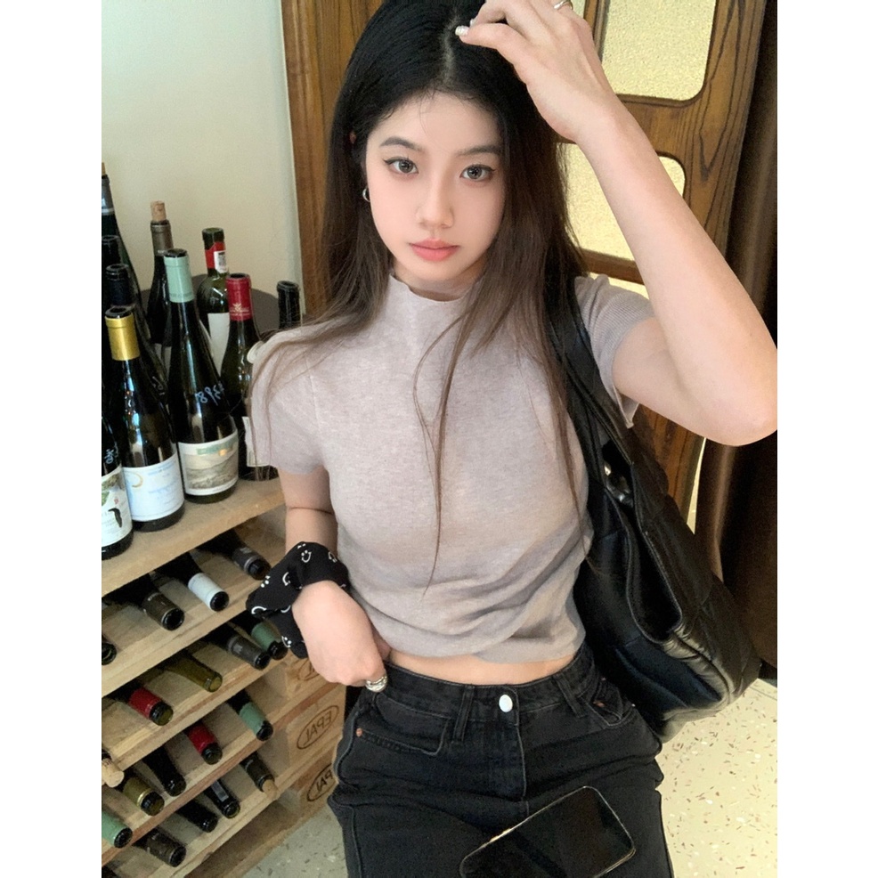 Áo Dệt Kim Tay Ngắn Cổ Cao Dáng Ôm Thời Trang Hàn Quốc Xinh Xắn Cho Nữ