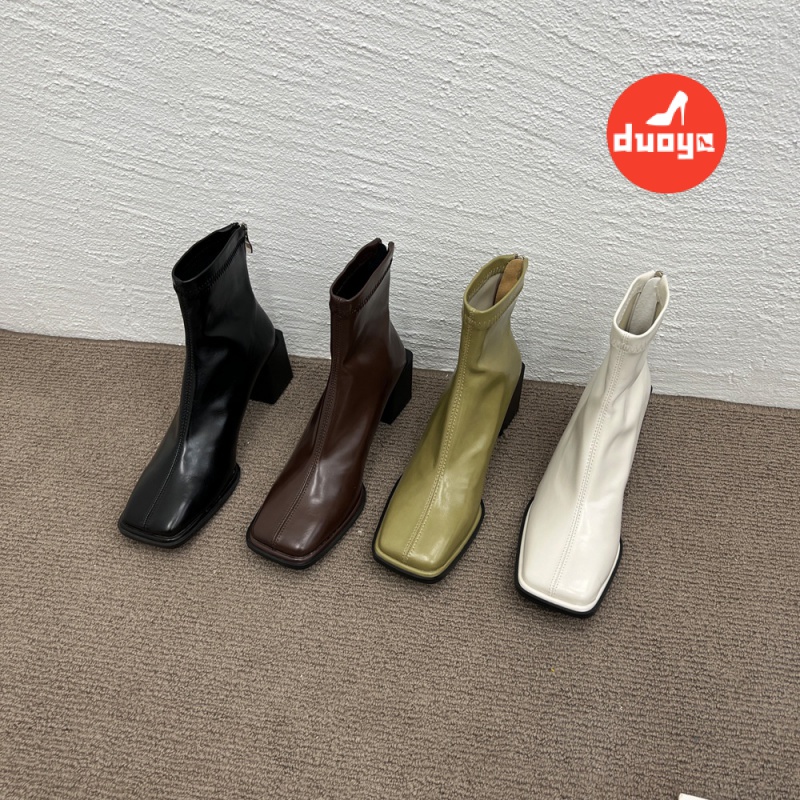 Duoya Hair Thẳng ~ [Hàng Có Sẵn] Giày Bốt Cao Gót Mũi Vuông Gót Dày Vừa Bằng Da Mềm Màu Trắng Dongdaemun Hàn Quốc