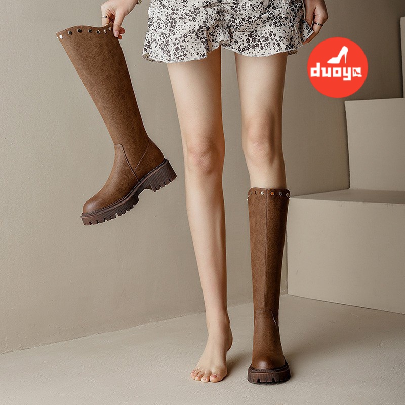 Duoya Tóc Thẳng ~ [Hàng Có Sẵn] Giày Bốt Hiệp Sĩ Đế Dày Không Đường May Phong Cách Mới Cho Nữ [ABC] Miễn Phí Vận Chuyển