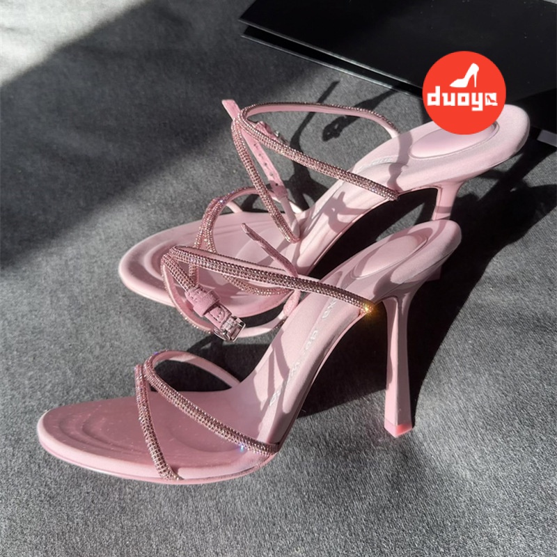 Duoya Tóc Thẳng ~ [Hàng Có Sẵn] Giày Cao Gót Hở Ngón Màu Hồng Xuân Hè Đính Đá Rhinestone Có Khóa Cài Cho Nữ Miễn Phí Vận Chuyển