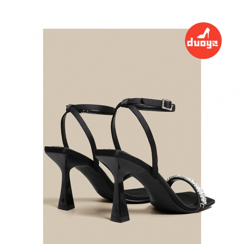 Duoya Tóc Thẳng ~  Giày Cao Gót Sandal Cao Gót Dày Quai Đính Đá Màu Đen Dành Cho Nữ Thiết Kế Cảm Ứng Miễn Phí Vận Chuyển