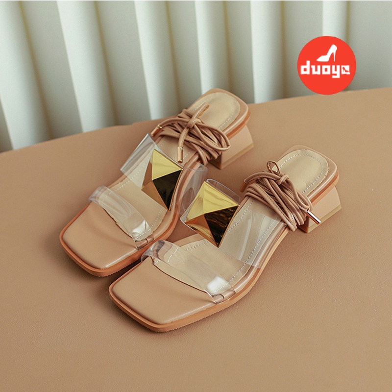 Duoya Tóc Thẳng ~ [Hàng Có Sẵn] Giày Sandal Đế Phẳng Thắt Dây Đính Đinh Tán Kim Sa Dành Cho Nữ Miễn Phí Vận Chuyển