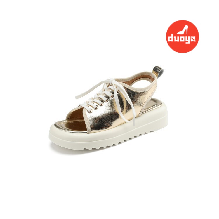 Duoya Tóc Thẳng ~ [Hàng Có Sẵn] Giày Sandal Đế Xuồng Dày Buộc Dây Bằng Da Mềm Đế Xuồng Màu Bạc Kiểu La Mã Cho Nữ Miễn Phí Vận Chuyển