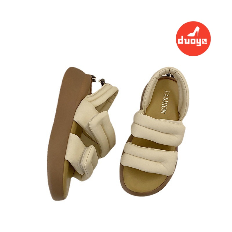 Duoya Tóc Thẳng ~ [Hàng Có Sẵn] Giày Sandal Đế Dày Quai Dán Bằng Da Thật Mềm Mại Phong Cách La Mã Hợp Thời Trang Cho Nữ Miễn Phí Vậ