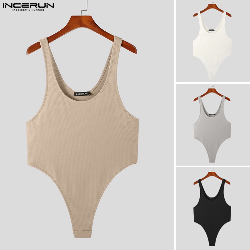 Áo liền quần INCERUN không tay màu trơn họa tiết kẻ sọc thời trang cho nam