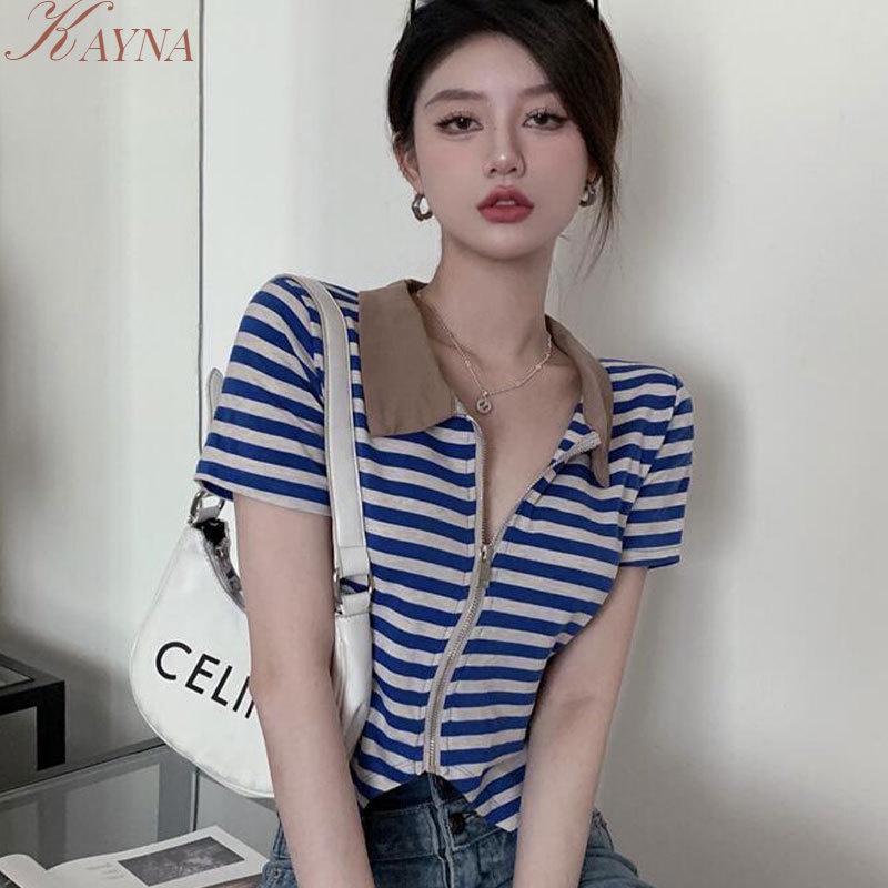 Áo polo Họa Tiết Sọc Ngang Y2K Thời Trang Cho Nữ