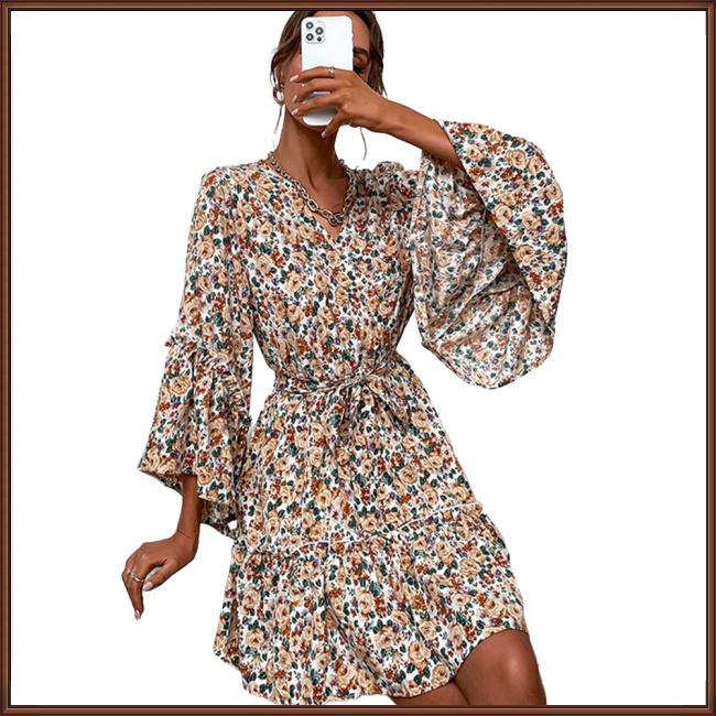 Đầm Tay Dài Cổ Chữ V Chất Liệu 100% Polyester In Họa Tiết Thời Trang Cho Nữ