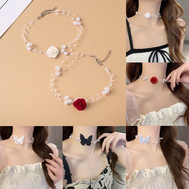 Vòng cổ Choker Nhiều Lớp Mặt Hình Hoa &amp; Bướm Bằng Acrylic Đính Ngọc Trai Nhân Tạo