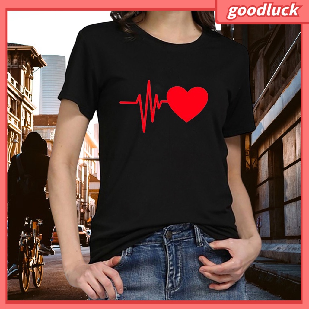 Áo Thun Cổ Tròn Chất Liệu Polyester In Họa Tiết Trái Tim Chống Phai Màu Thời Trang Cho Nữ